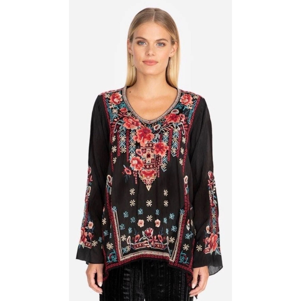 Johnny Was Black Embroidered Floral V-Neck Tunic